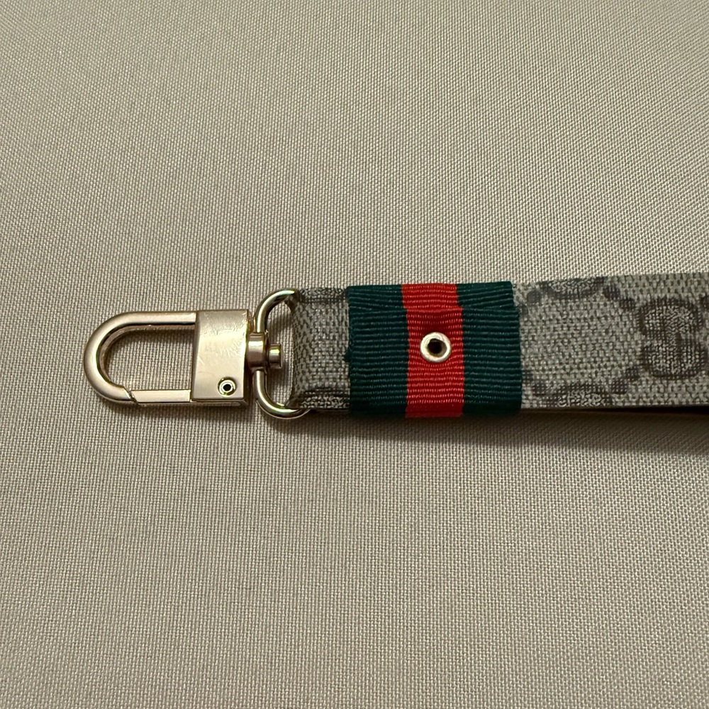 Fashion Tan Monogram Keychain Fob with Green and Red Stripe - Picture 5 of 5